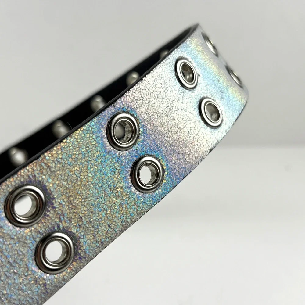 Reversible Holographic Silver Grommet Belt Unisex Large Black 2-Row Y2k Grunge